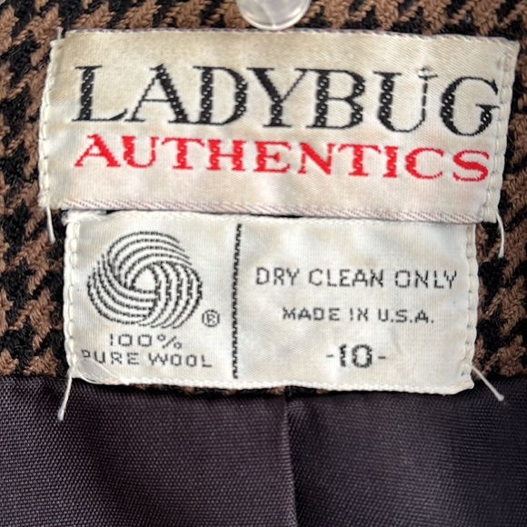 VINTAGE HOUNDSTOOTH LADYBUG BROWN BLAZER SUIT JACKET SIZE 10 - Picture 2 of 9